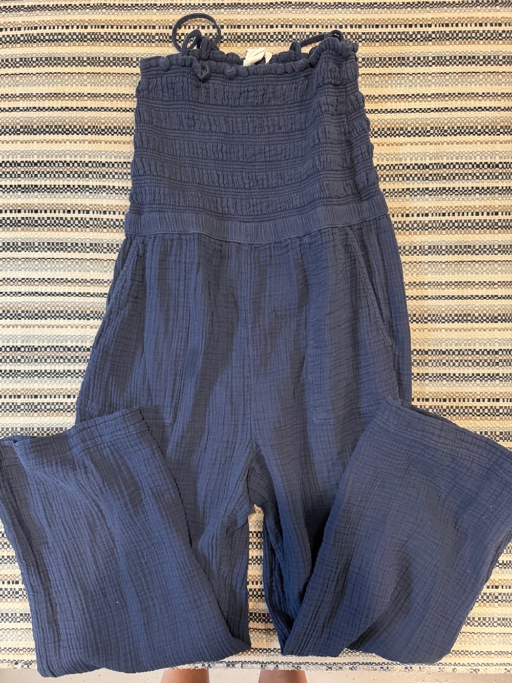Smocked High-Waist Navy Jumpsuit